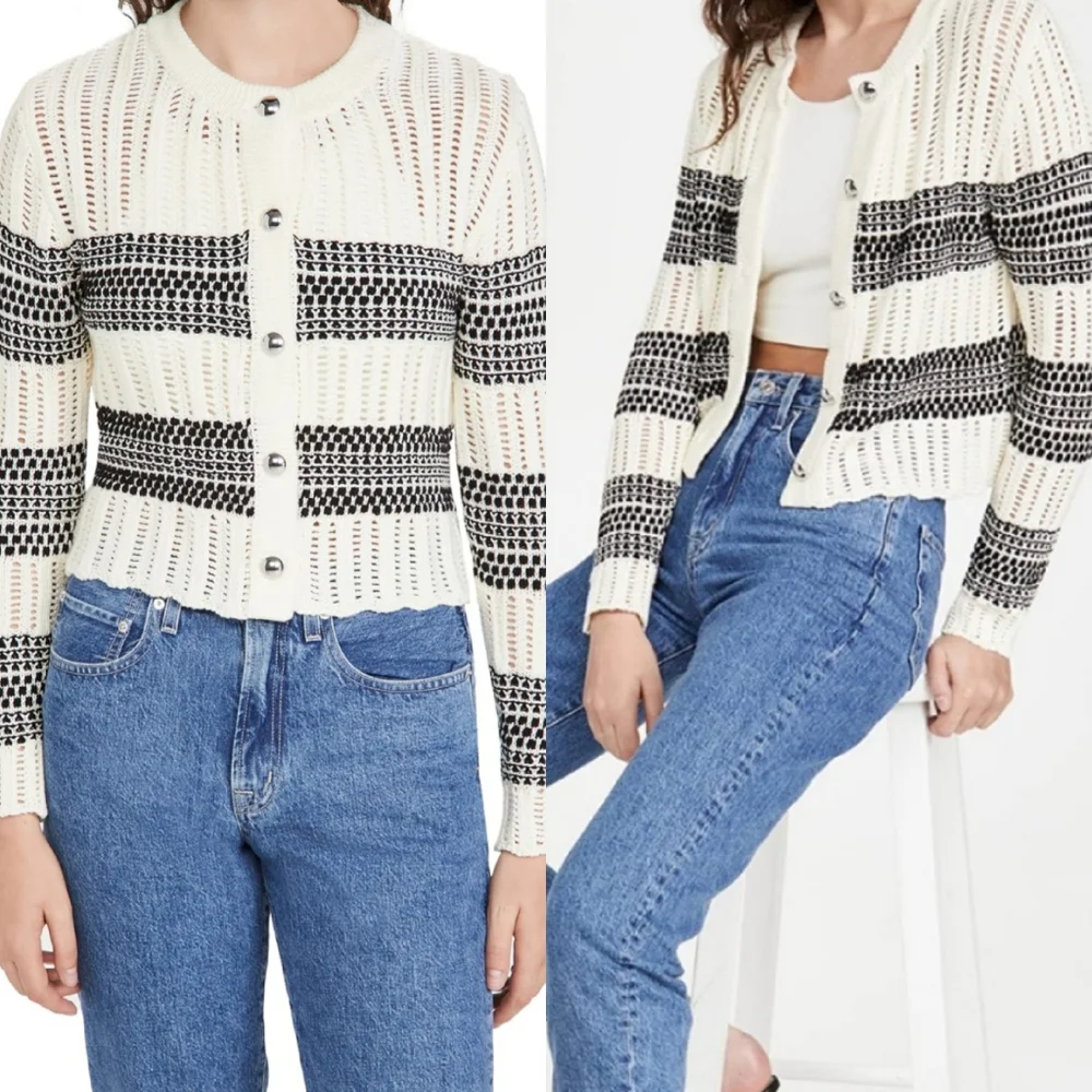 Ramy Brook Sarah Striped Cardigan Knitted Black White Buttons XL - Picture 1 of 11